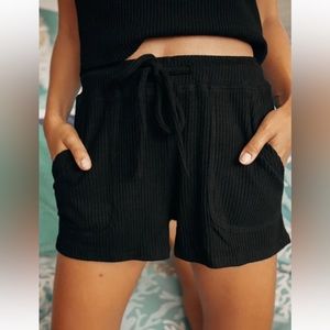 NWT Lulus Living Leisurely Black Ribbed Knit Drawstring Shorts